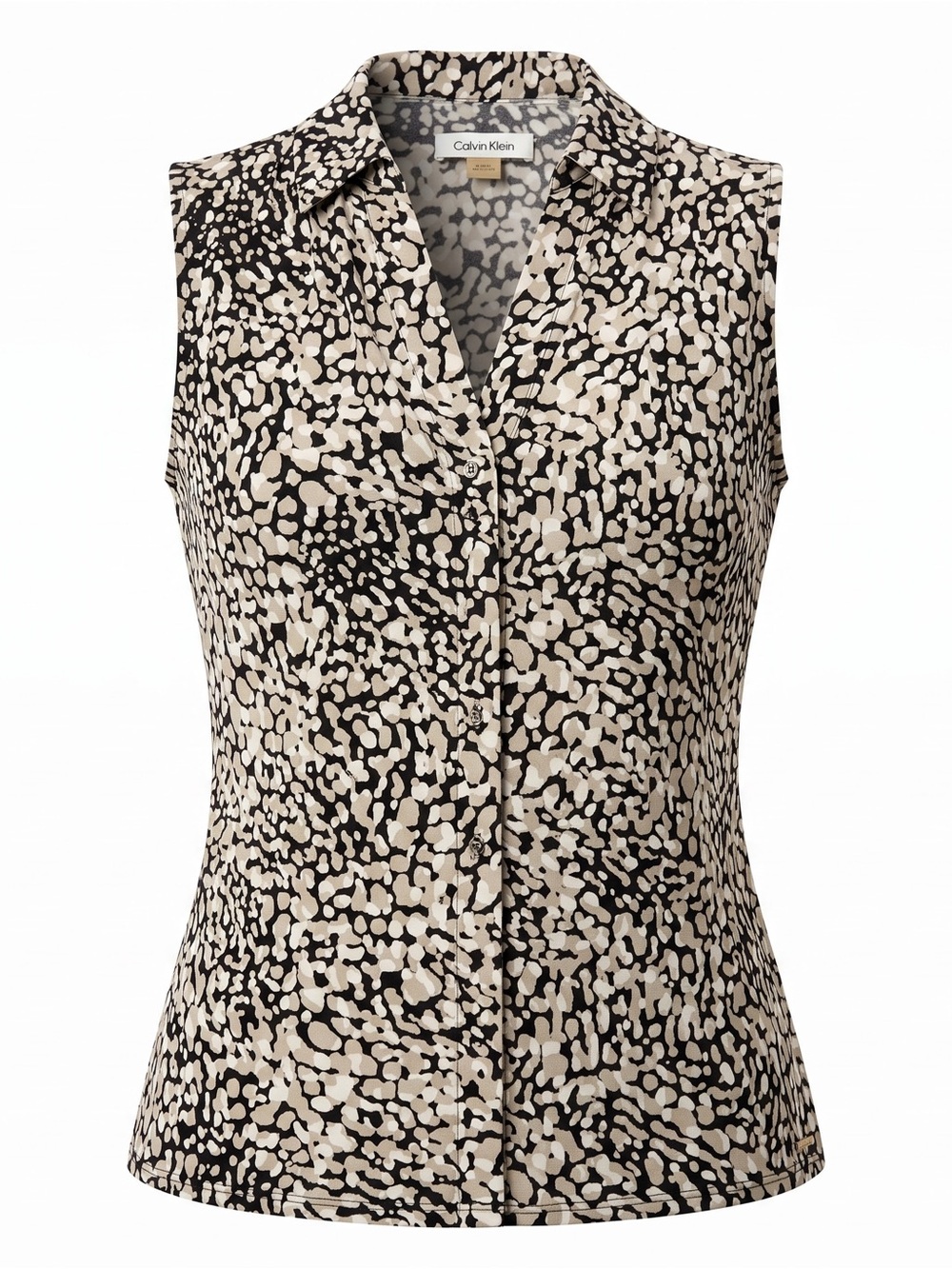 Calvin Klein Black & Cream Sleeveless V-Neck Printed Blouse Women's Size Small.